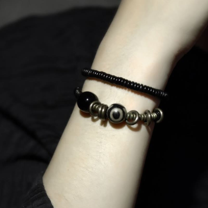 Ebony Wood Green Sandalwood Copper Brass Dzi Bead Black Onyx Calm Double Wrap Bracelet