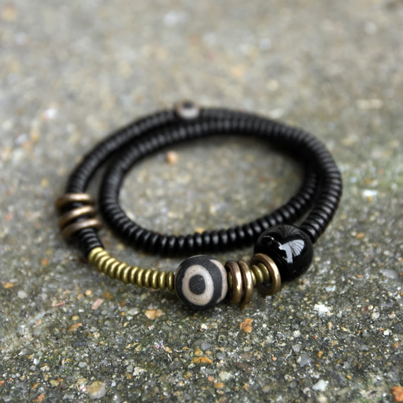 Ebony Wood Green Sandalwood Copper Brass Dzi Bead Black Onyx Calm Double Wrap Bracelet