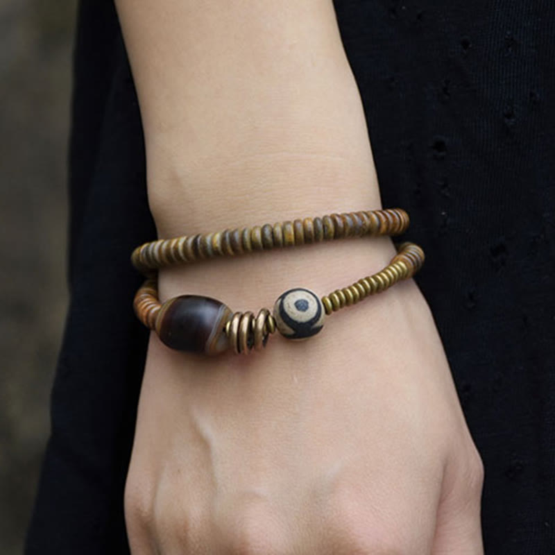 Ebony Wood Green Sandalwood Copper Brass Dzi Bead Black Onyx Calm Double Wrap Bracelet