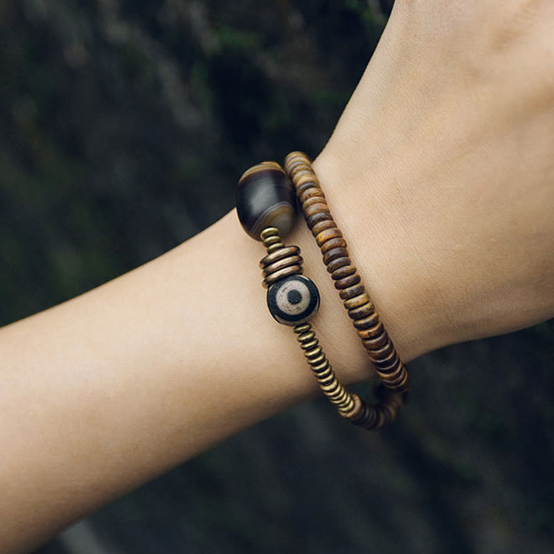 Ebony Wood Green Sandalwood Copper Brass Dzi Bead Black Onyx Calm Double Wrap Bracelet