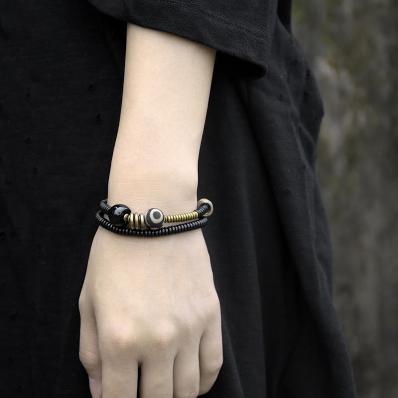 Ebony Wood Green Sandalwood Copper Brass Dzi Bead Black Onyx Calm Double Wrap Bracelet