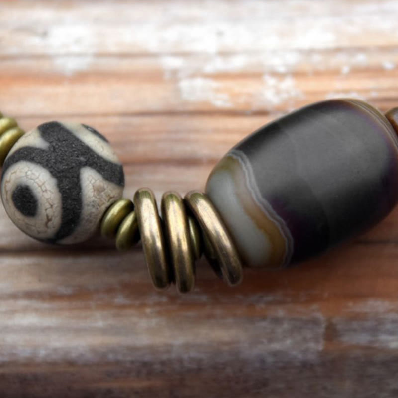 Ebony Wood Green Sandalwood Copper Brass Dzi Bead Black Onyx Calm Double Wrap Bracelet
