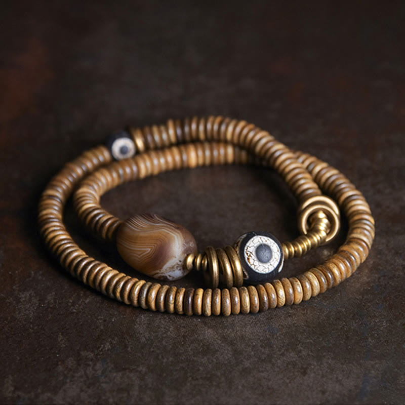 Ebony Wood Green Sandalwood Copper Brass Dzi Bead Black Onyx Calm Double Wrap Bracelet