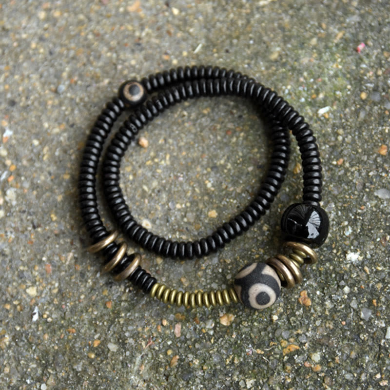 Ebony Wood Green Sandalwood Copper Brass Dzi Bead Black Onyx Calm Double Wrap Bracelet
