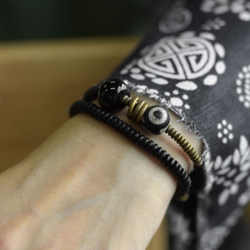 Ebony Wood Green Sandalwood Copper Brass Dzi Bead Black Onyx Calm Double Wrap Bracelet