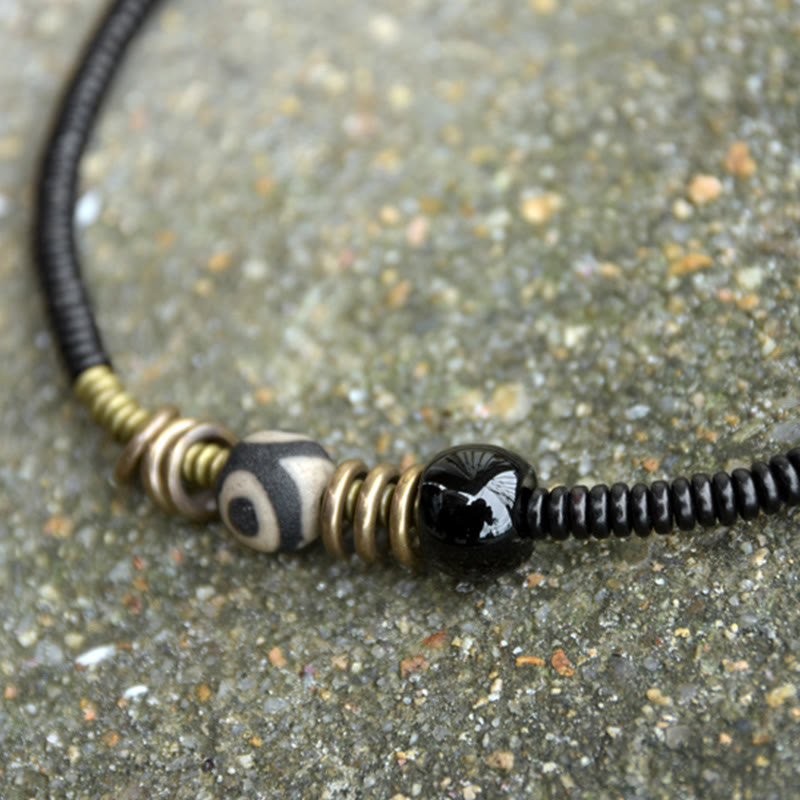 Ebony Wood Green Sandalwood Copper Brass Dzi Bead Black Onyx Calm Double Wrap Bracelet