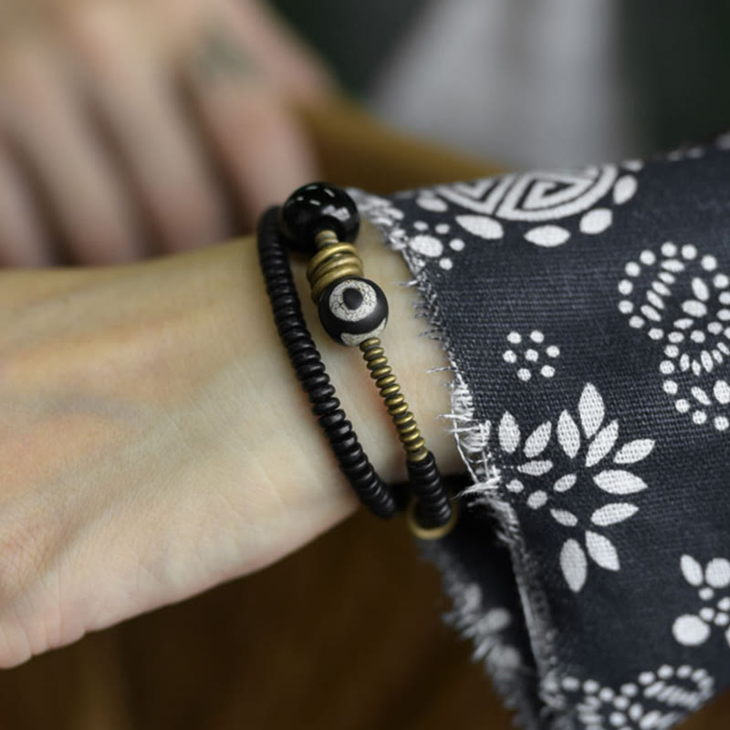 Ebony Wood Green Sandalwood Copper Brass Dzi Bead Black Onyx Calm Double Wrap Bracelet