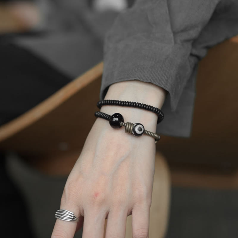 Ebony Wood Green Sandalwood Copper Brass Dzi Bead Black Onyx Calm Double Wrap Bracelet