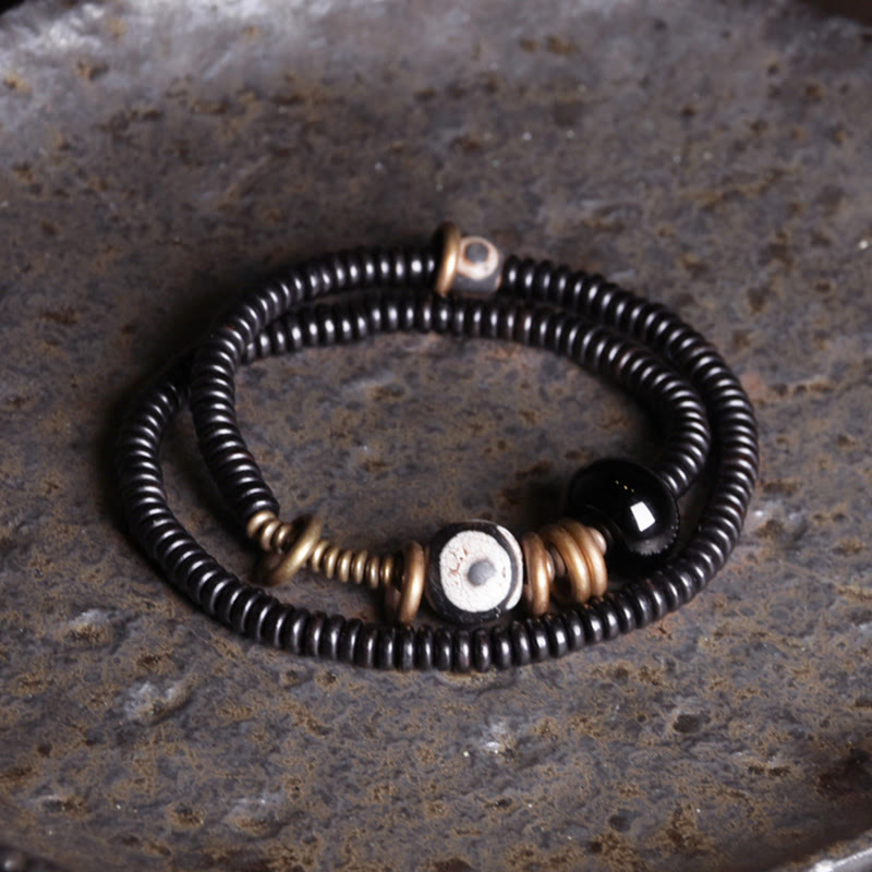 Ebony Wood Green Sandalwood Copper Brass Dzi Bead Black Onyx Calm Double Wrap Bracelet