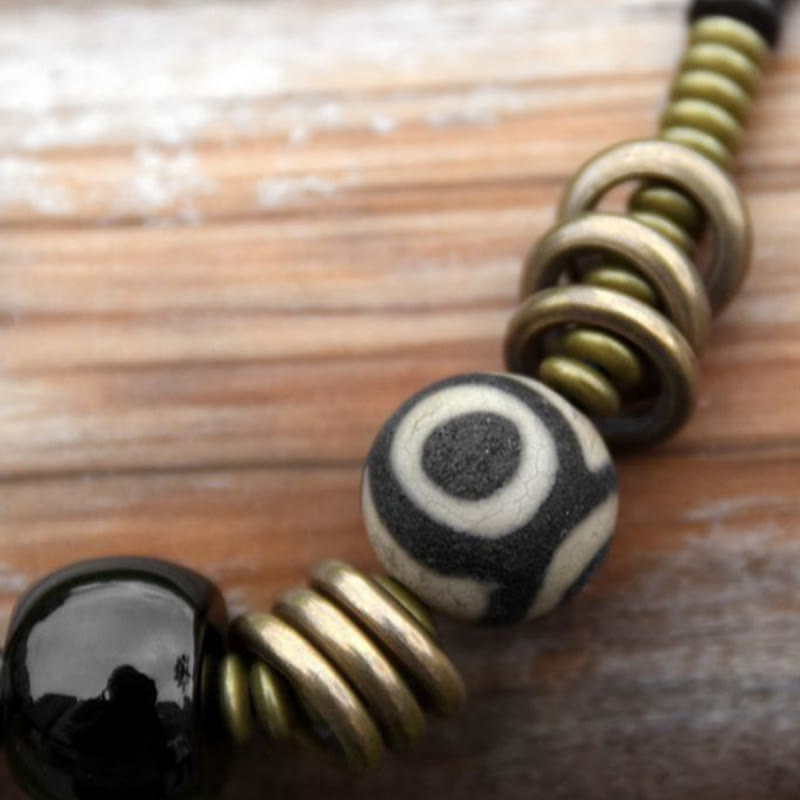 Ebony Wood Green Sandalwood Copper Brass Dzi Bead Black Onyx Calm Double Wrap Bracelet
