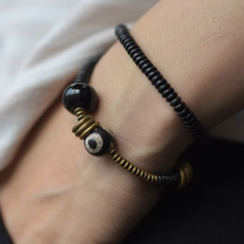 Ebony Wood Green Sandalwood Copper Brass Dzi Bead Black Onyx Calm Double Wrap Bracelet