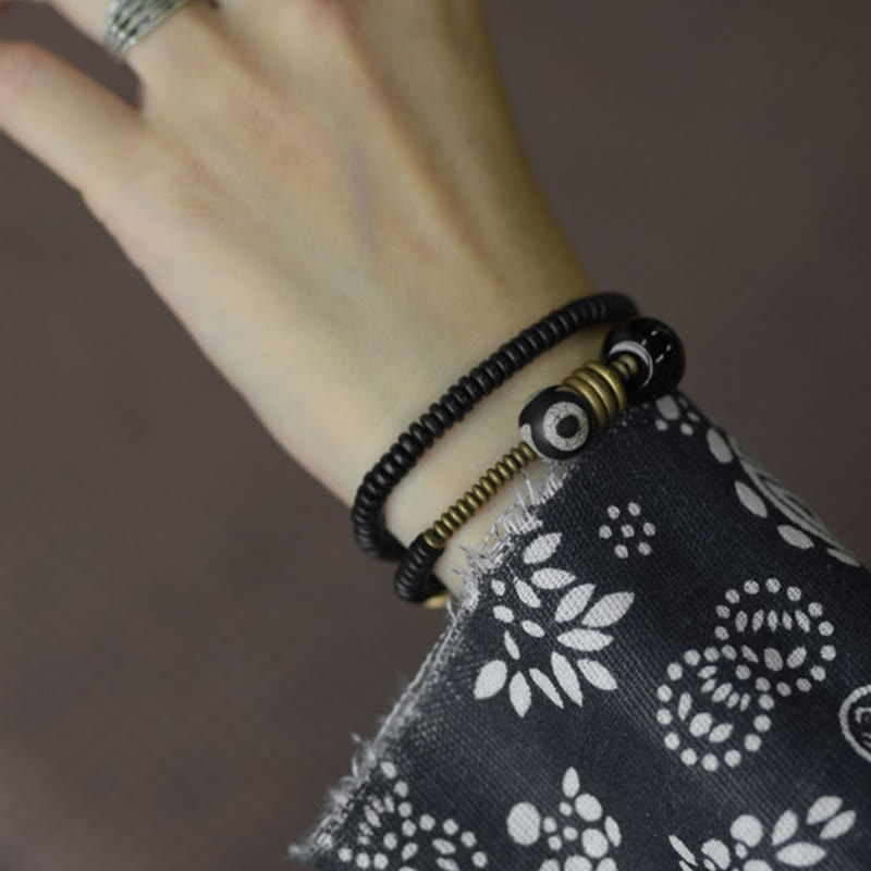 Ebony Wood Green Sandalwood Copper Brass Dzi Bead Black Onyx Calm Double Wrap Bracelet