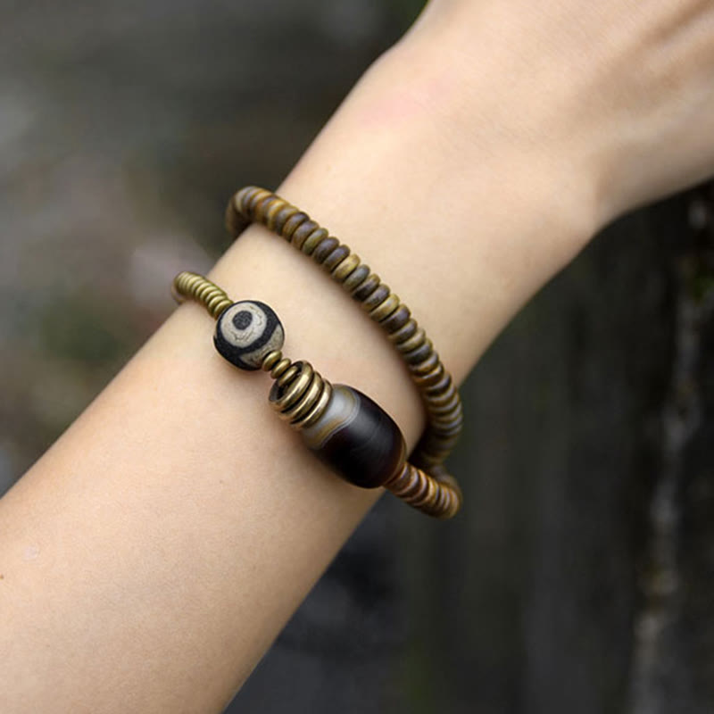 Ebony Wood Green Sandalwood Copper Brass Dzi Bead Black Onyx Calm Double Wrap Bracelet