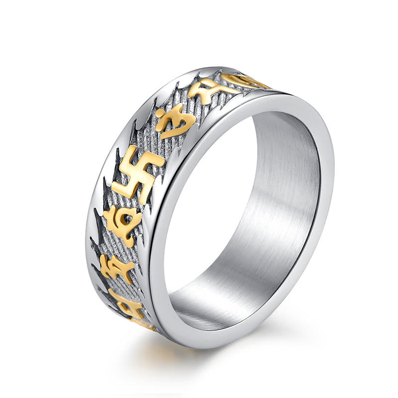 Om Mani Padme Hum Mantra & Swastika Engraved Titanium Steel Peace Ring