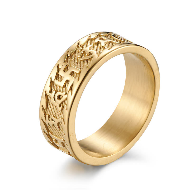 Om Mani Padme Hum Mantra & Swastika Engraved Titanium Steel Peace Ring