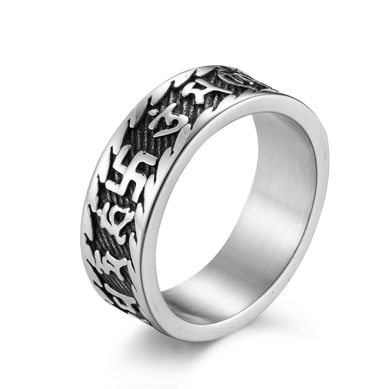 Om Mani Padme Hum Mantra & Swastika Engraved Titanium Steel Peace Ring