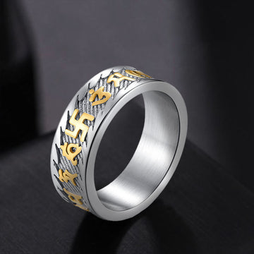 Om Mani Padme Hum Mantra & Swastika Engraved Titanium Steel Peace Ring