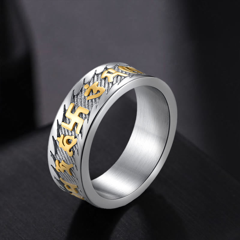 Om Mani Padme Hum Mantra & Swastika Engraved Titanium Steel Peace Ring
