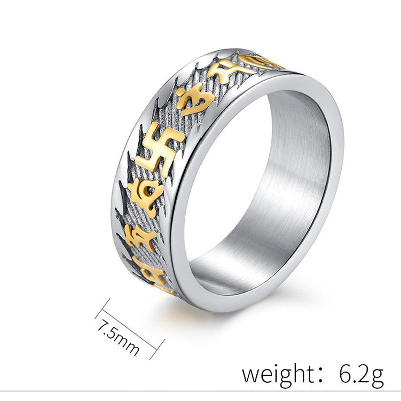 Om Mani Padme Hum Mantra & Swastika Engraved Titanium Steel Peace Ring