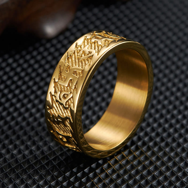 Om Mani Padme Hum Mantra & Swastika Engraved Titanium Steel Peace Ring