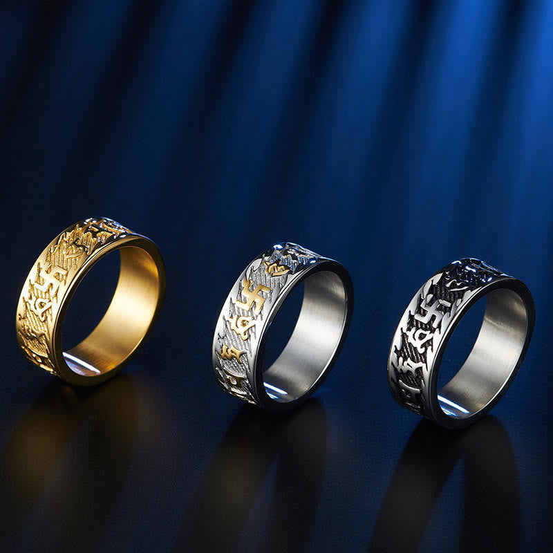 Om Mani Padme Hum Mantra & Swastika Engraved Titanium Steel Peace Ring