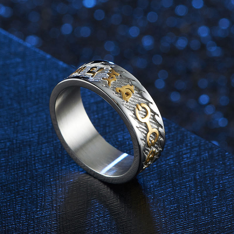 Om Mani Padme Hum Mantra & Swastika Engraved Titanium Steel Peace Ring