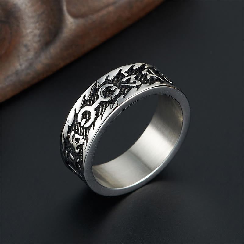 Om Mani Padme Hum Mantra & Swastika Engraved Titanium Steel Peace Ring