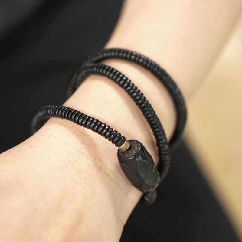 Ebony Wood with Copper and Brass Accents Triple Wrap Roller Bead Bracelet