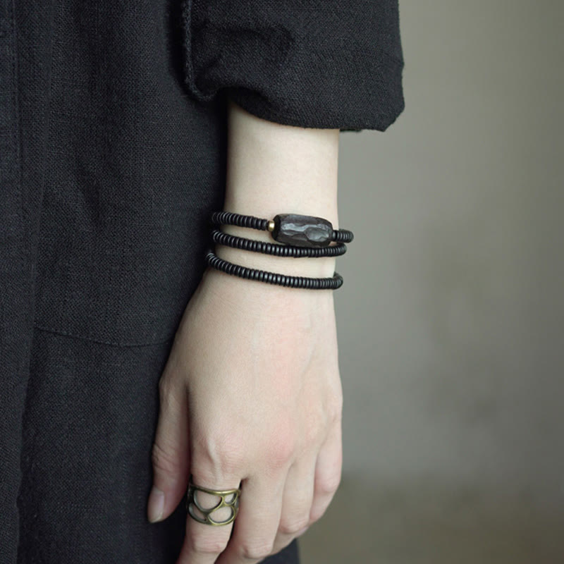 Ebony Wood with Copper and Brass Accents Triple Wrap Roller Bead Bracelet