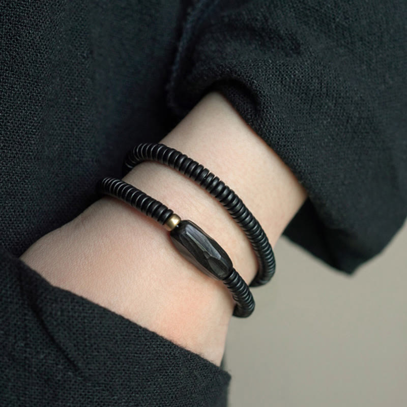Ebony Wood with Copper and Brass Accents Triple Wrap Roller Bead Bracelet