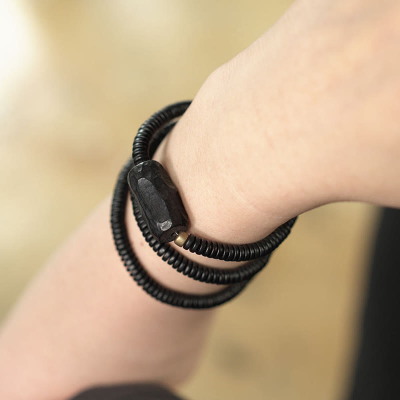Ebony Wood with Copper and Brass Accents Triple Wrap Roller Bead Bracelet