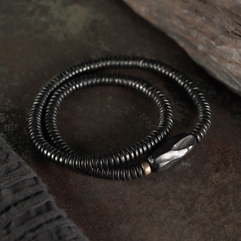 Ebony Wood with Copper and Brass Accents Triple Wrap Roller Bead Bracelet