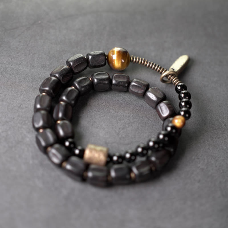 Ebony Wood & Tiger Eye Double Wrap Bracelet with Brass & Copper Accents