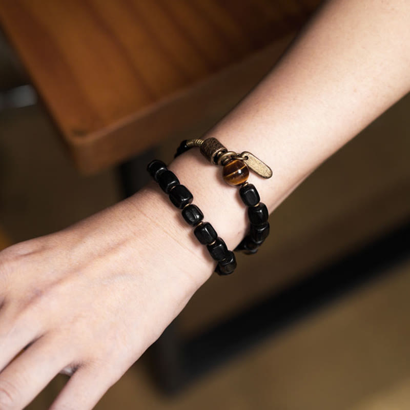 Ebony Wood & Tiger Eye Double Wrap Bracelet with Brass & Copper Accents