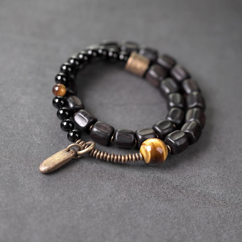 Ebony Wood & Tiger Eye Double Wrap Bracelet with Brass & Copper Accents