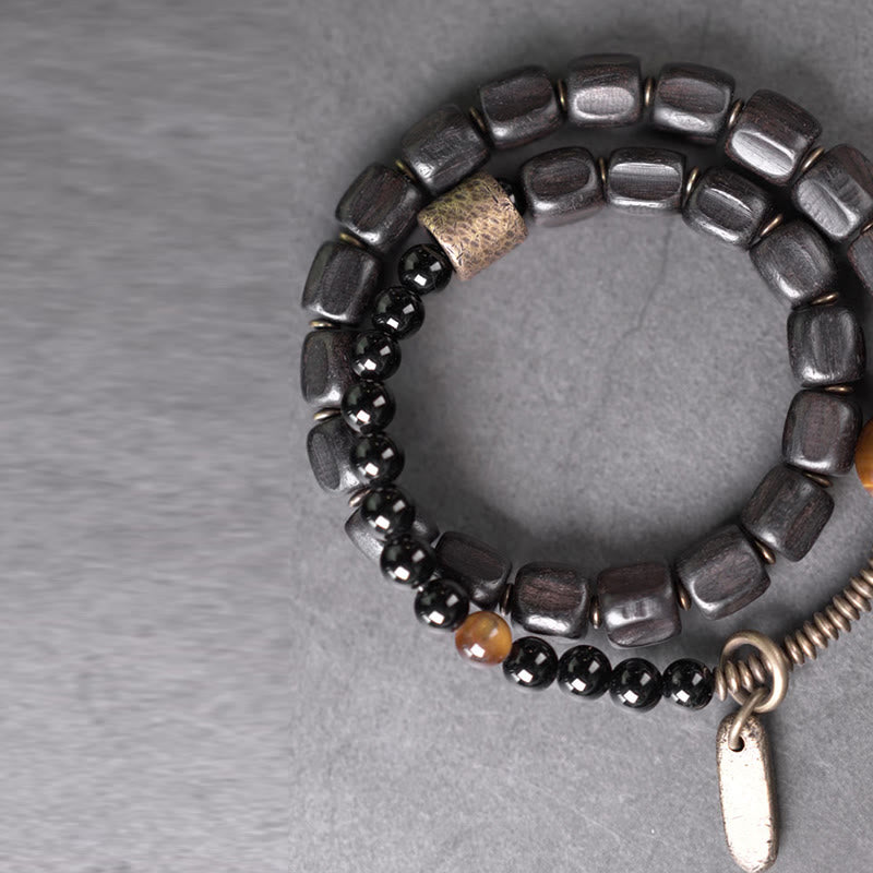 Ebony Wood & Tiger Eye Double Wrap Bracelet with Brass & Copper Accents