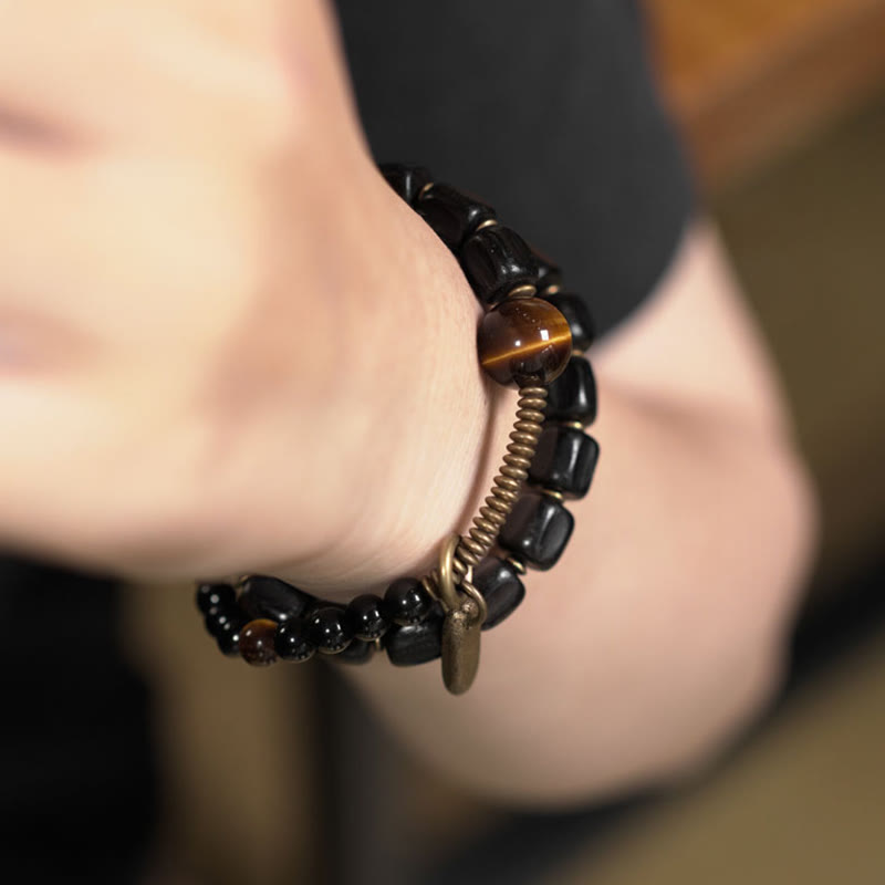 Ebony Wood & Tiger Eye Double Wrap Bracelet with Brass & Copper Accents