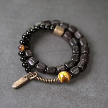 Ebony Wood & Tiger Eye Double Wrap Bracelet with Brass & Copper Accents