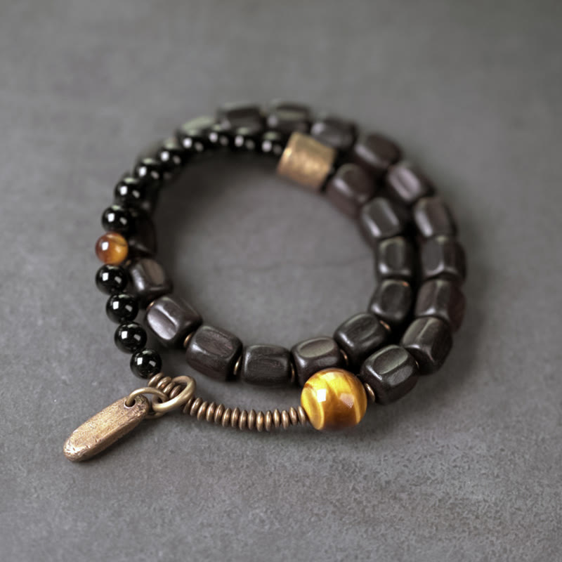 Ebony Wood & Tiger Eye Double Wrap Bracelet with Brass & Copper Accents