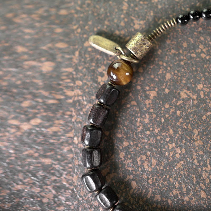 Ebony Wood & Tiger Eye Double Wrap Bracelet with Brass & Copper Accents