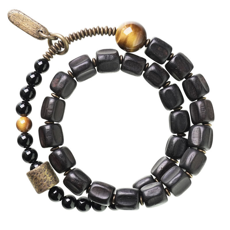 Ebony Wood & Tiger Eye Double Wrap Bracelet with Brass & Copper Accents