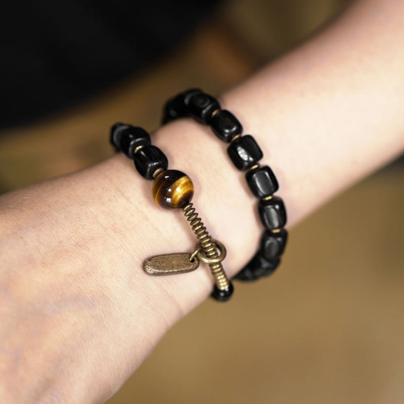 Ebony Wood & Tiger Eye Double Wrap Bracelet with Brass & Copper Accents