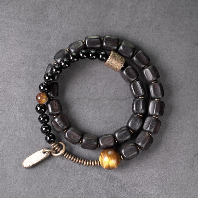 Ebony Wood & Tiger Eye Double Wrap Bracelet with Brass & Copper Accents