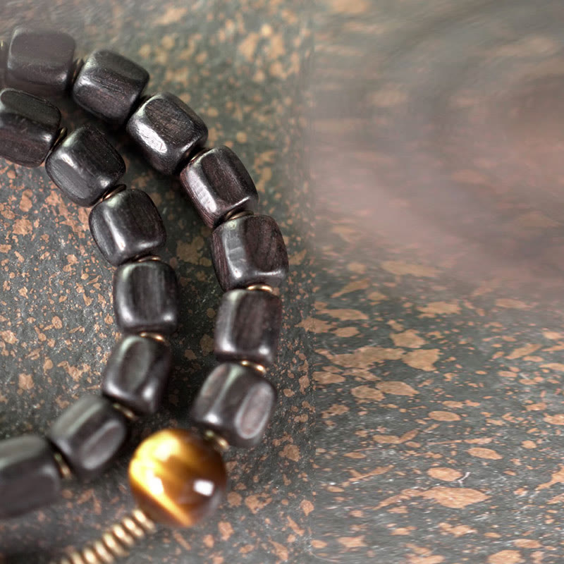 Ebony Wood & Tiger Eye Double Wrap Bracelet with Brass & Copper Accents