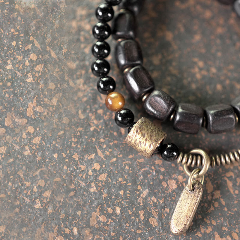 Ebony Wood & Tiger Eye Double Wrap Bracelet with Brass & Copper Accents