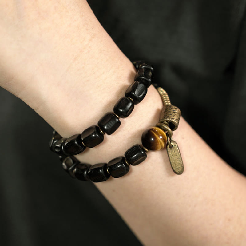 Ebony Wood & Tiger Eye Double Wrap Bracelet with Brass & Copper Accents