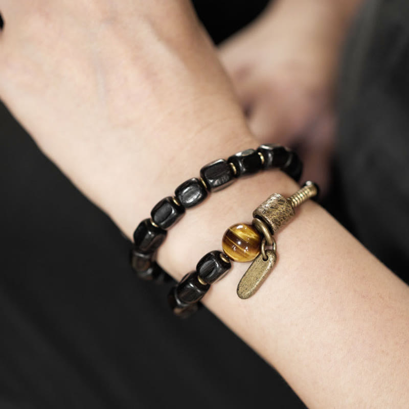 Ebony Wood & Tiger Eye Double Wrap Bracelet with Brass & Copper Accents