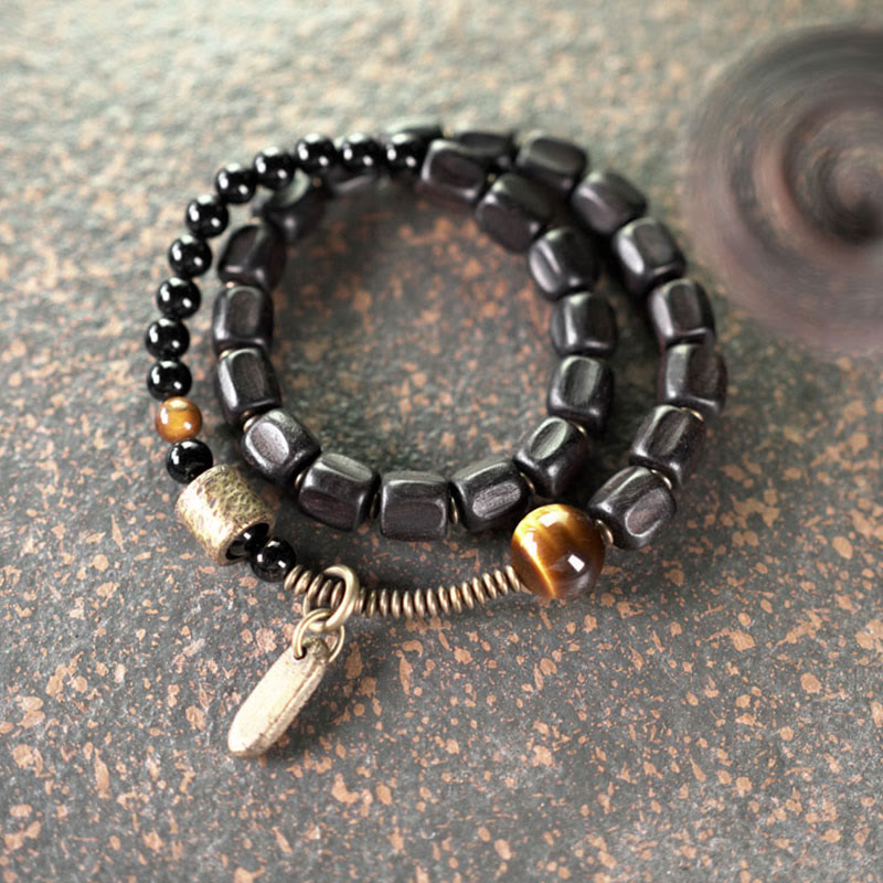 Ebony Wood & Tiger Eye Double Wrap Bracelet with Brass & Copper Accents