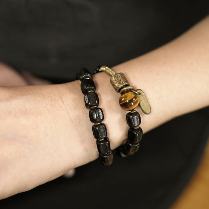 Ebony Wood & Tiger Eye Double Wrap Bracelet with Brass & Copper Accents