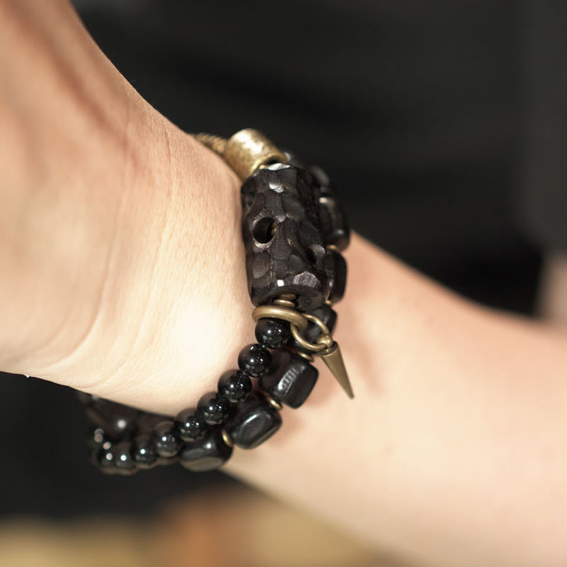 Ebony Wood Black Obsidian Copper Brass Peace Double Wrap Bracelet